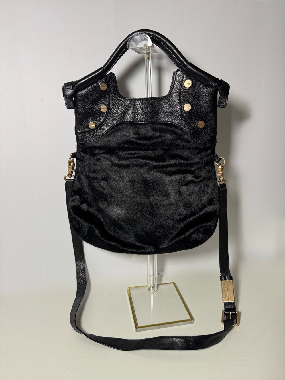 Foley + Corinna Black Leather & Haircalf Shoulder Bag with Gold Hardware